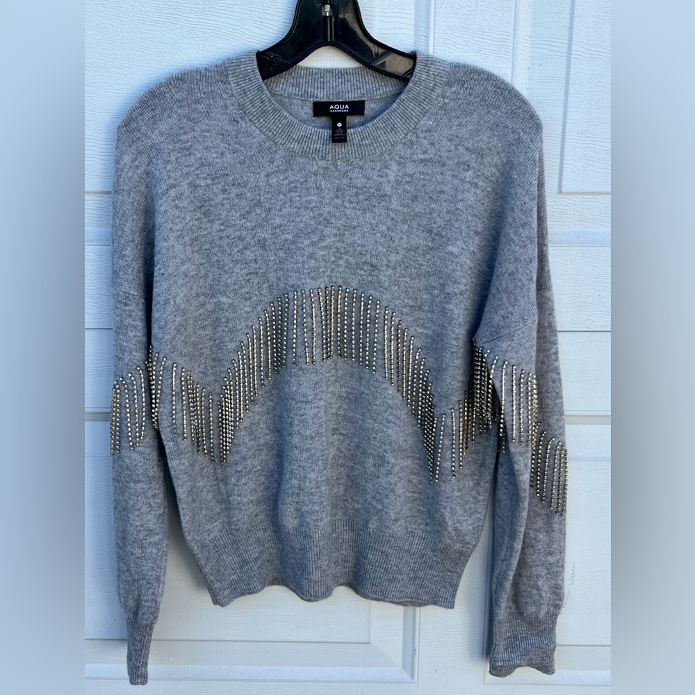 Women's Aqua Rhinestone Fringe Sweater Gray 100% Cashmere  Long Sleeve S